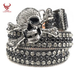 Custom logo Bling Bling BB Belt studded Diamond PU Leather Strap Black Skull Buckle Western Cowboy Rhinestone Belt for Men
