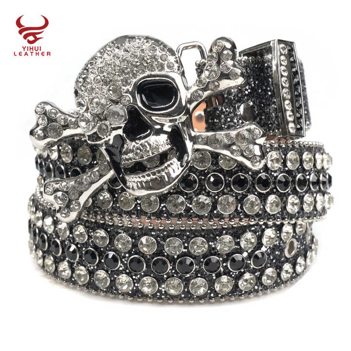 Custom logo Bling Bling BB Belt studded Diamond PU Leather Strap Black Skull Buckle Western Cowboy Rhinestone Belt for Men