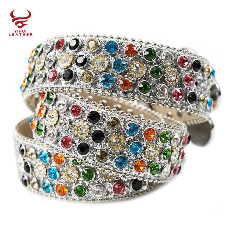Custom logo PU Leather Rivet BB Belt Strap Designer Shiny No Buckle Diamond Studded Flower Rhinestone Belts for Men Women - 图片 3