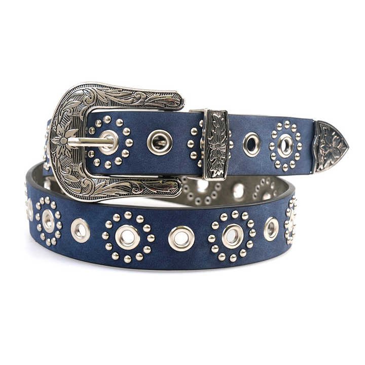 Fashion Graved Buckle PU Leather Studded Belt Women Vintage Western Cowboy Metal Heart Rivets Waist Belt for Ladies Girls