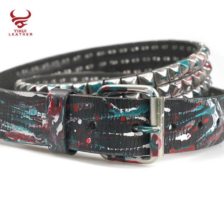Designer Roll Buckle 3-Row Metal Pyramid Studded Artist Painting Genuine Leather Luxury Black Punk Belt for Men Women - 图片 4