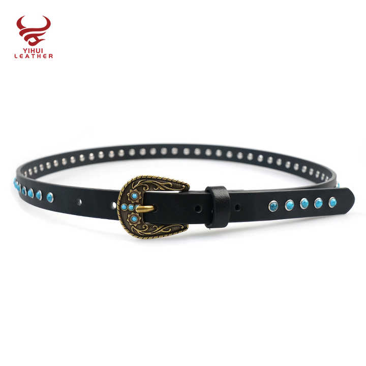 New Arrival Western Antique Studded Rivet Turquoise Women Belt Bling Bling Bronze Buckle Thin Faux Leather Waist Belt for Girls - 图片 4