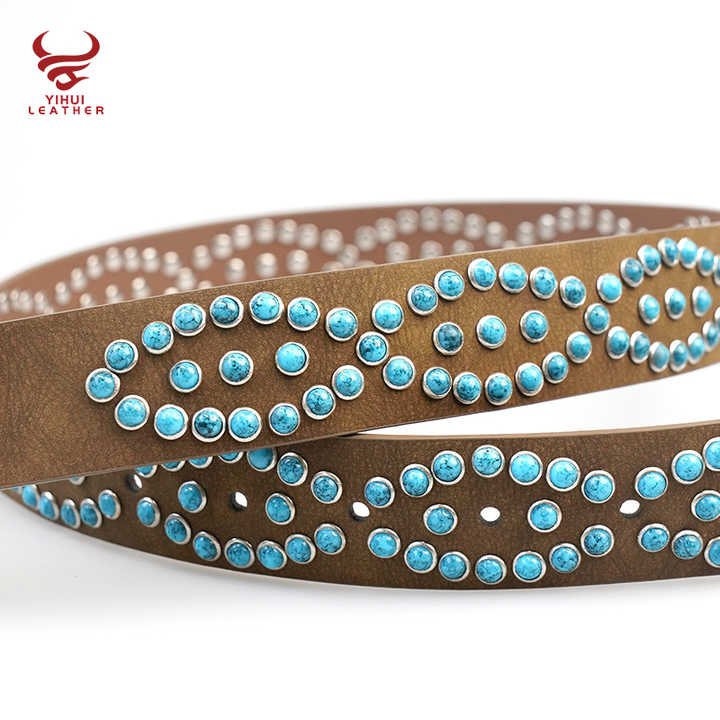 Western Handmade Pin Buckle Vintage Concho Belt Women Wholesale Western Faux Leather Retro Studded Turquoise Stones Jeans Belt - 图片 3