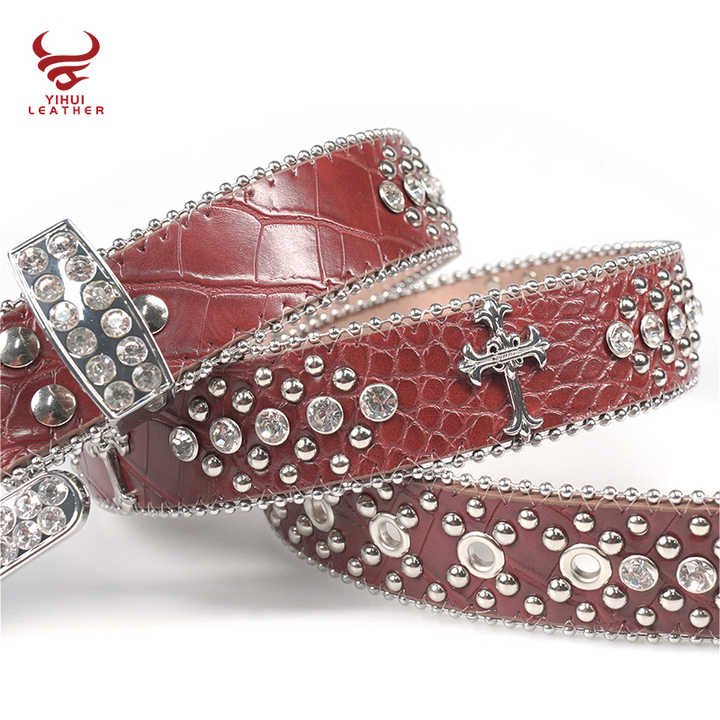 Designer Cross on the Red Leather Belt Shiny Diamond Western Cowboy Cowgirls Bling Big Buckle Rhinestones Belt Men - 图片 3