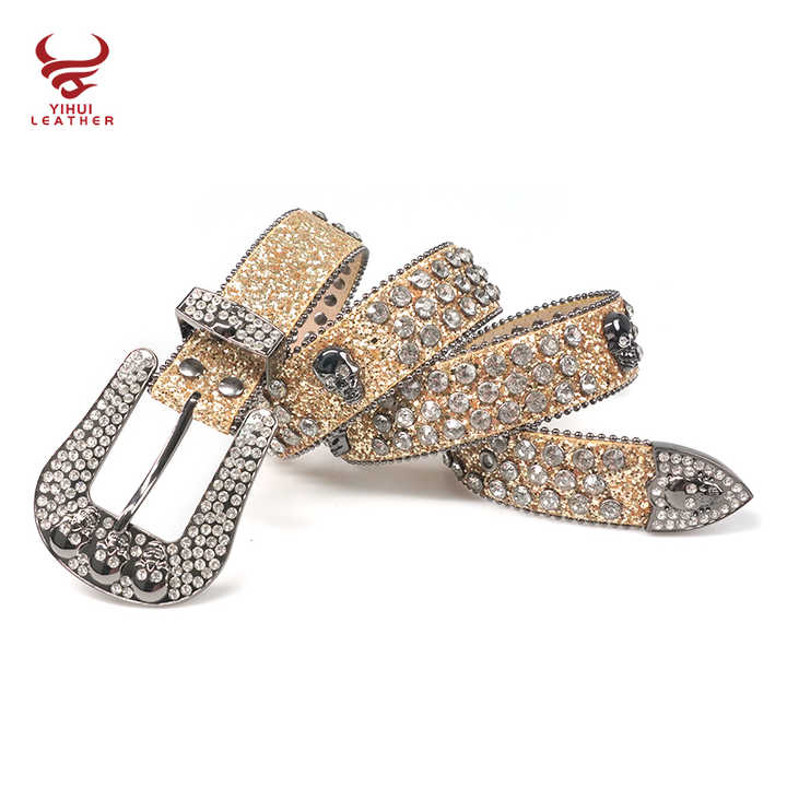 Wholesale Luxury Strap Rhinestones Belt Western Cowboy Crystal Glitter Diamond Studded Golden Big Skull Buckle Belts BB Simon - 图片 3
