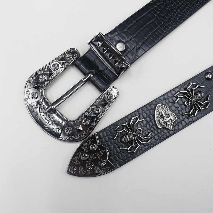 Y2K Studded Goth Belt Western Cowgirl Cowboy Crocodile Pattern Pants Belt Western Studded Spider Leather Belt with 3 Pics Buckle - 图片 3