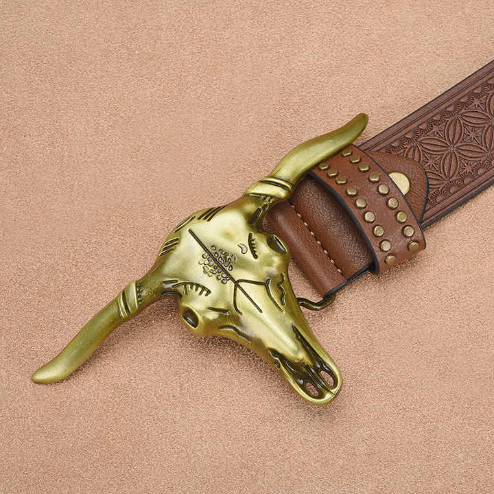 Genuine Leather Floral Engraved Embossed Real Leather Belt Designer Western Cowboy Studded Belt With Longhorn Bull Buckle - 图片 2