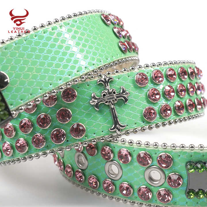 Custom Cross on Genuine Leather Belt Skull Buckle Shiny Pink Diamond Western Women Bling Bling Green Rhinestones Belt Men - 图片 3