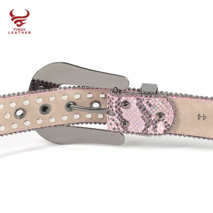 Women Pink Snakeskin Skull Belts Colorful Diamond Studded PU Leather Rhinestone Belt - 图片 6