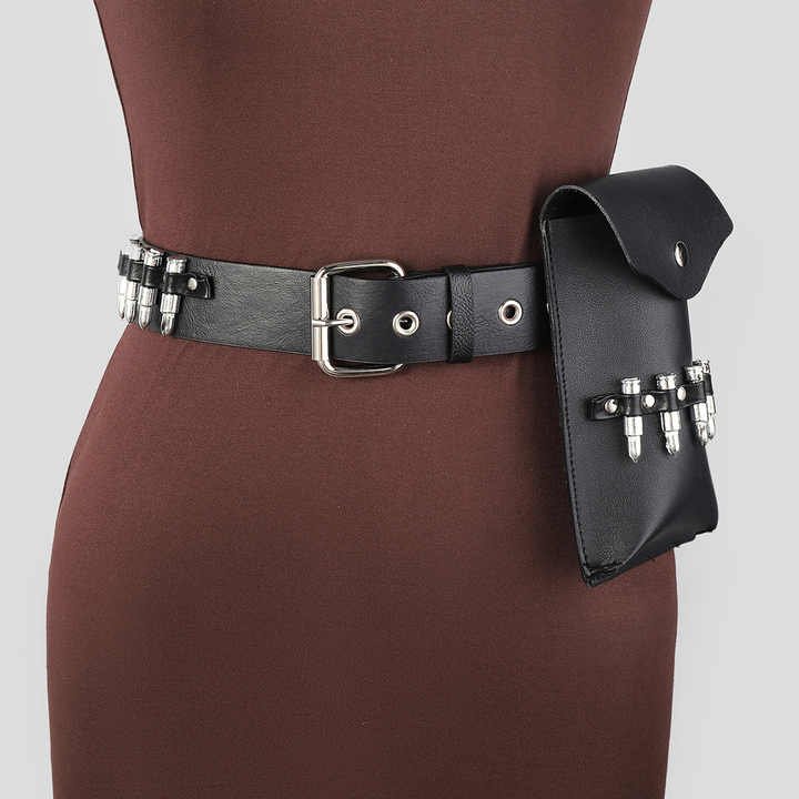 Punk Belts Bag for Hip Hop Women Jeans Metal Punk Rock Rivet Belt With Bright Pyramid Black PU Leather Studded Bullet Belts Bags - 图片 2