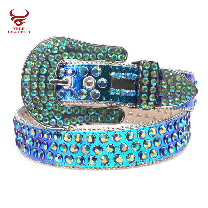 Bling Western Diamond Belt Young Men Big Buckle Colourful Gold Alligator Skin With Stones Belt Boys BB Simon - 图片 6
