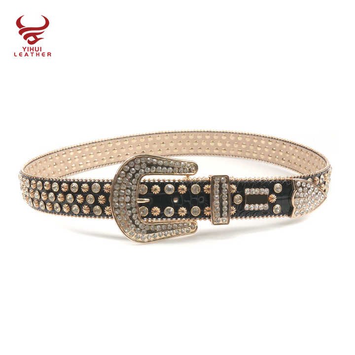 Fashion Luxury Famous Brands Cinturones Woman Diamond Belt Black PU Leather Gold Stud Shiny Rhinestone Belt - 图片 4