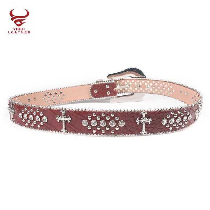 Designer Cross on the Red Leather Belt Shiny Diamond Western Cowboy Cowgirls Bling Big Buckle Rhinestones Belt Men - 图片 6