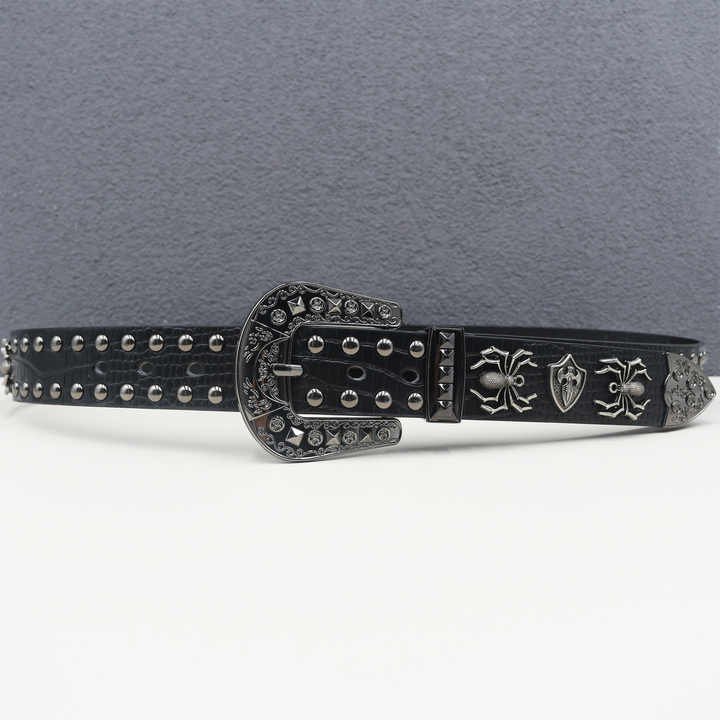 Y2K Studded Goth Belt Western Cowgirl Cowboy Crocodile Pattern Pants Belt Western Studded Spider Leather Belt with 3 Pics Buckle - 图片 5