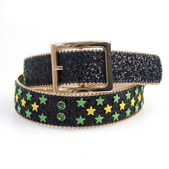 New Shiny Western Cowgirls studded Glitter Sequin Strap Belt PU Leather Waist Belts studded Purple Star Rhinestone Belts for Men - 图片 4