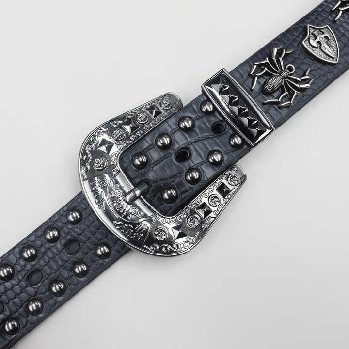 Y2K Studded Goth Belt Western Cowgirl Cowboy Crocodile Pattern Pants Belt Western Studded Spider Leather Belt with 3 Pics Buckle - 图片 6