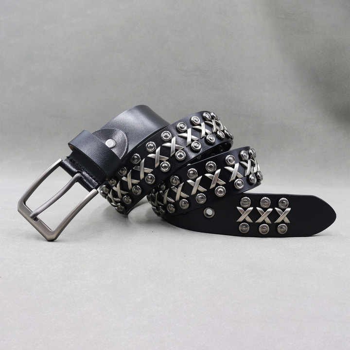 Halloween Women Black Rock Style Genuine Leather Body Belt Designer Studded Grommet Rivets Punk Rock Gothic Y2K Jeans Belt - 图片 3