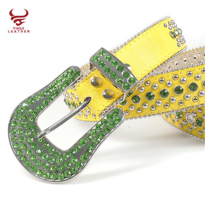 Factory New Original Style Western Cowboy Yellow Crocodile PU Green Shinning Rhinestone BB Simon Belt - 图片 4