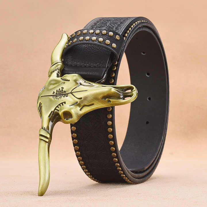 Genuine Leather Floral Engraved Embossed Real Leather Belt Designer Western Cowboy Studded Belt With Longhorn Bull Buckle - 图片 5