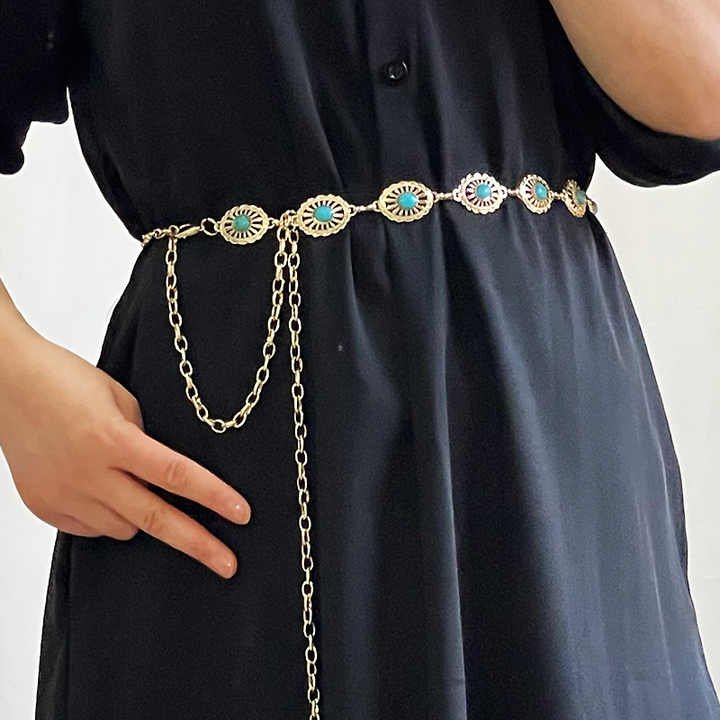 New Arrivals Fashion Accessories Golden Women Body Chain Belts Oval Turquoise Stone Lady Narrow Metal Retro Chain Belt - 图片 2