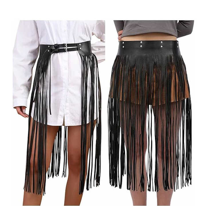 New Trendy Black Faux Leather Punk Rocker Dance Waist Dress Belt Vintage Black PU Leather Tassel Fringe Skirt Belt for Girls - 图片 2