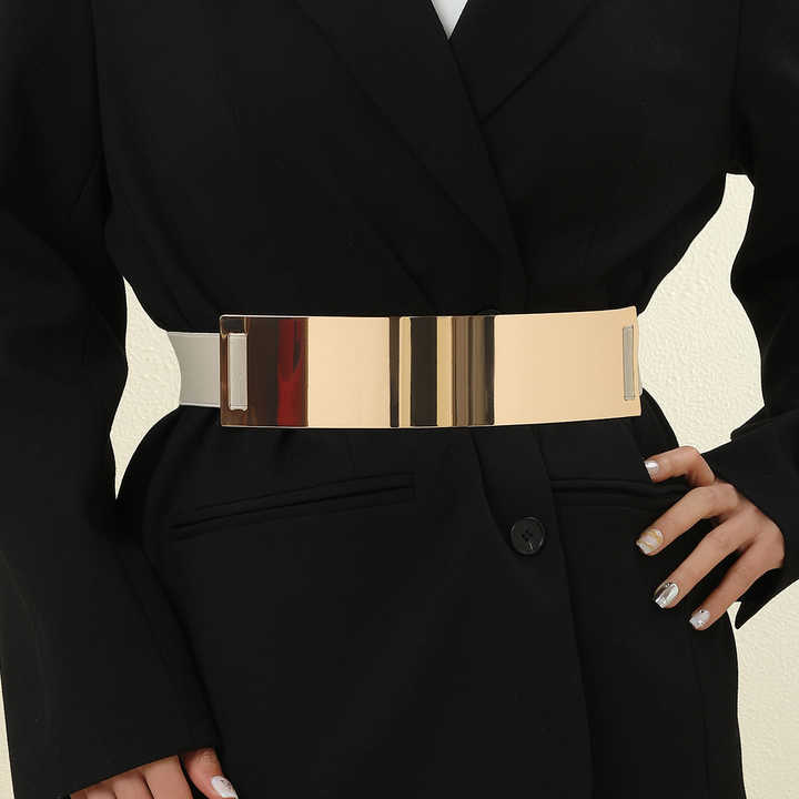 Women Metal Belts Adjustable Skinny Wide Chain Strap Waistband Metal Waist Belt Fashion Golden Stretchy Waist Belts for Ladies