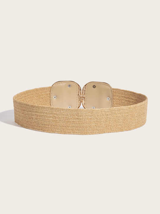 2024 Fashion Boho Summer Big Symmetrical Buckle Straw PP Straw Belt Wide Elastic Stretch Woven Waistband Belt for Women - 图片 4