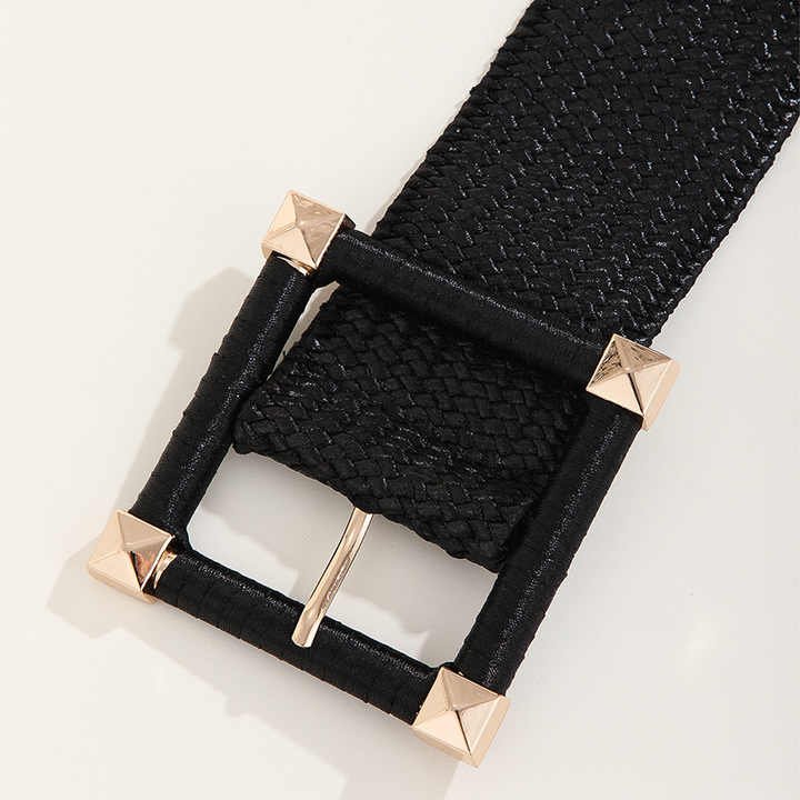 New Woven Elastic Braided Stretch Lady Belt Elastic Straw Rattan Waist Band with Square Buckle Women Golden Belts for Dresses - 图片 5