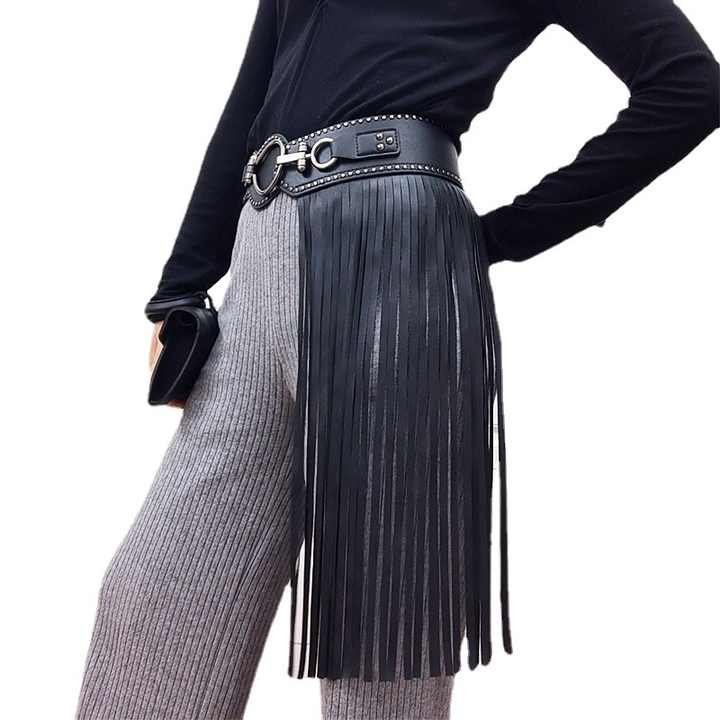New Trendy Black Faux Leather Punk Rocker Dance Waist Dress Belt Vintage Black PU Leather Tassel Fringe Skirt Belt for Girls - 图片 4