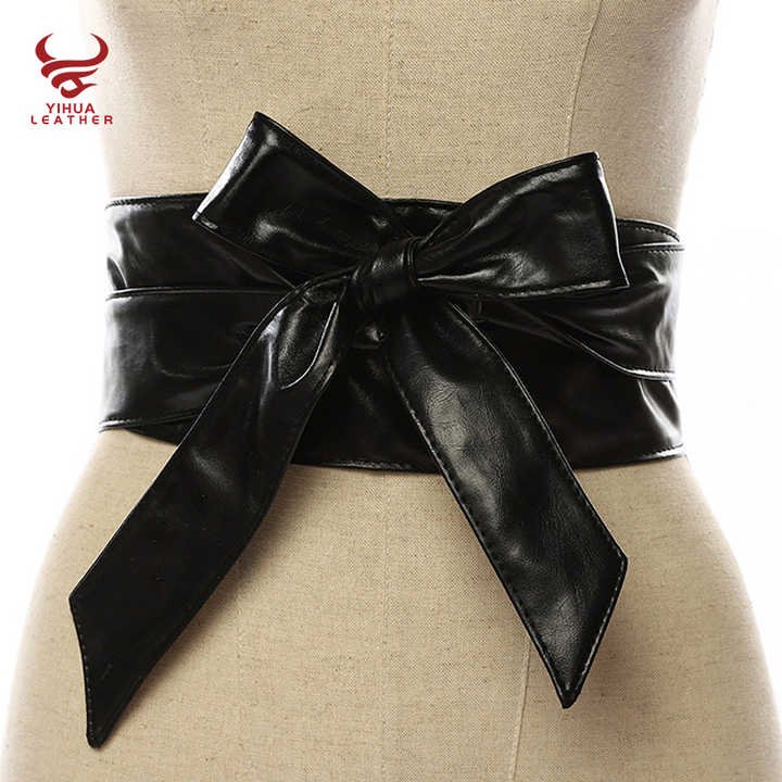 Women Soft PU Leather Self Tie Knot Belts Fancy Dresses Large Size Wide Cinch Belts No Buckle Gold Leather OBI Belt for Lady - 图片 5