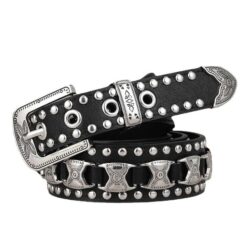 2023 New Fashion Punk Style Pin Buckle PU Belt for Western Cowboy Cowgirl Designer Black Studded Metal Goth Belt for Women Men
