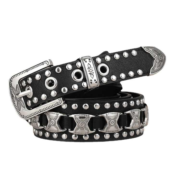 2023 New Fashion Punk Style Pin Buckle PU Belt for Western Cowboy Cowgirl Designer Black Studded Metal Goth Belt for Women Men