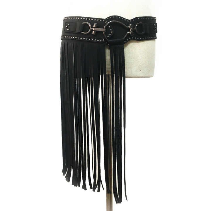 New Trendy Black Faux Leather Punk Rocker Dance Waist Dress Belt Vintage Black PU Leather Tassel Fringe Skirt Belt for Girls - 图片 2