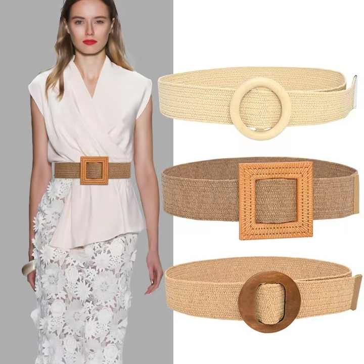 Wholesale High Quality Women PP Straw Elastic Belt Set Wooden Buckle Bamboo Wide Braided Belts
