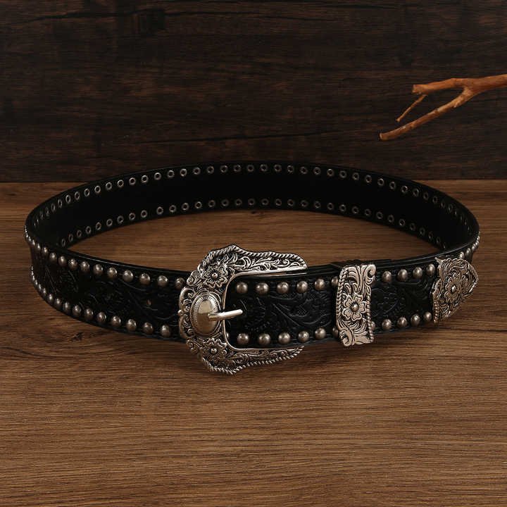 Designer Retro Studded Girl Lady Waist Belt Fashion Flowers Belts With 3 Pics Buckle Punk Y2K Embossed Pattern Women Belts - 图片 3
