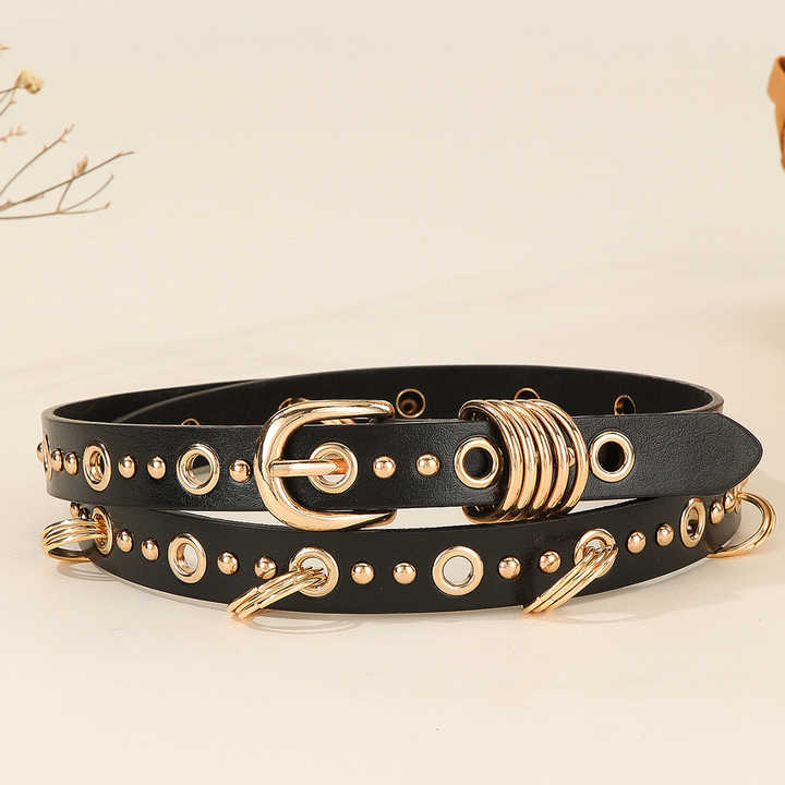 Studded Eyelet Holes Girls Belts with Metal Ring Black Goth Punk Metal Jean Belt Hip Hop Style Grommet PU Leather Belt for Women - 图片 3