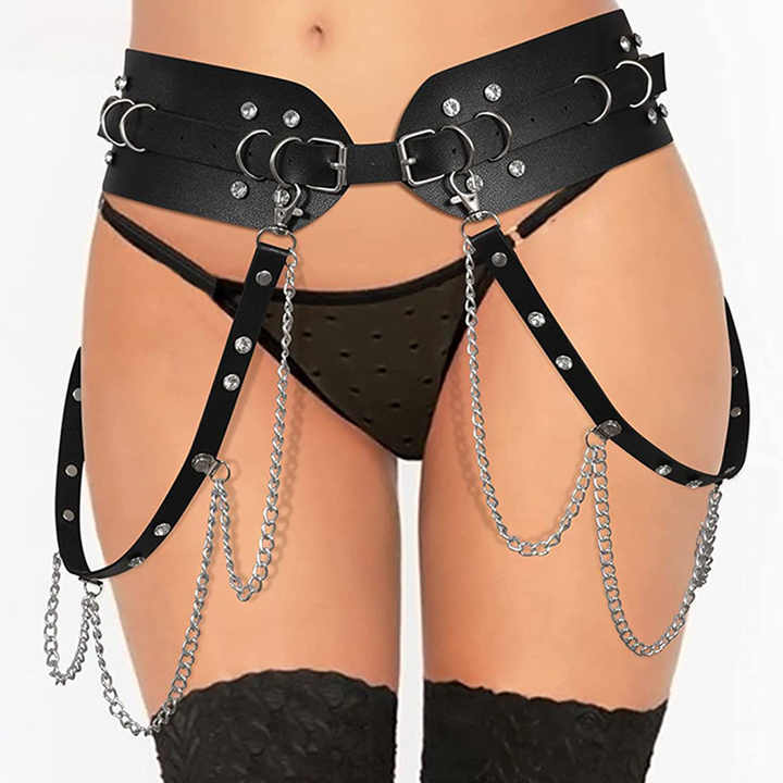 Elastic Rave Cosplay Halloween Body Chain Accessory Punk PU Chain BeltFashion Strap Black Leather Gothic Waist Belts for Girls - 图片 5