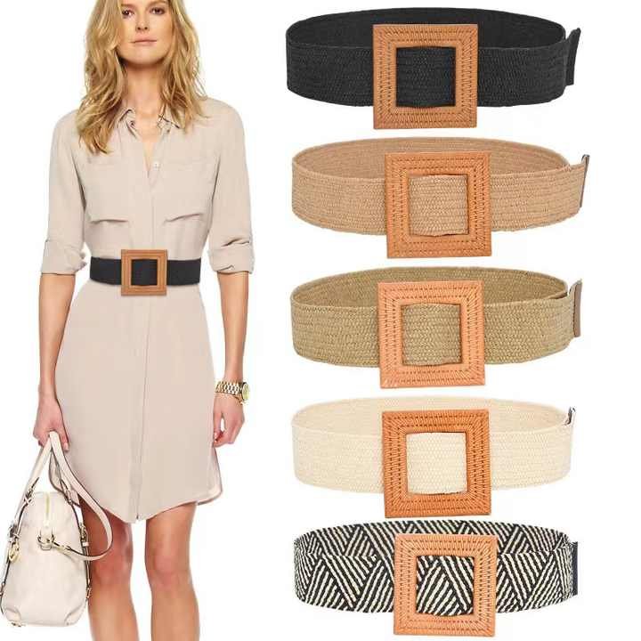 Wholesale High Quality Women PP Straw Elastic Belt Set Wooden Buckle Bamboo Wide Braided Belts - 图片 5