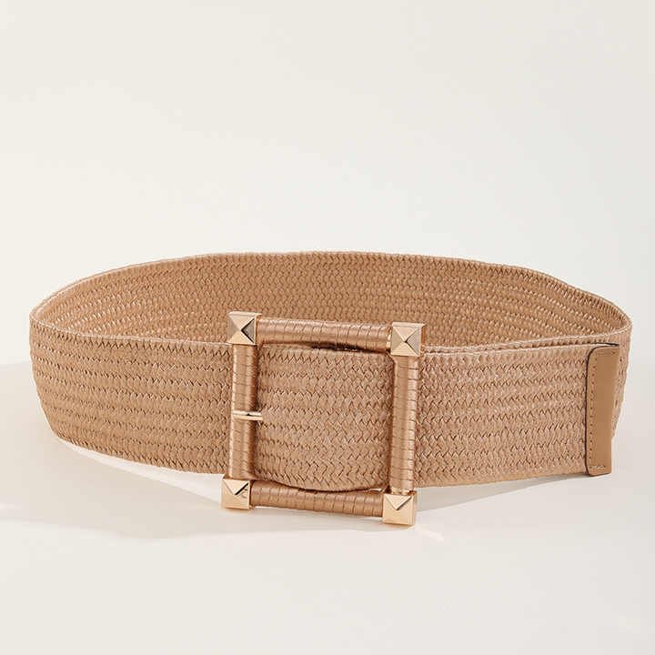 New Woven Elastic Braided Stretch Lady Belt Elastic Straw Rattan Waist Band with Square Buckle Women Golden Belts for Dresses - 图片 2