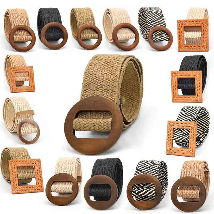 Wholesale High Quality Women PP Straw Elastic Belt Set Wooden Buckle Bamboo Wide Braided Belts - 图片 2