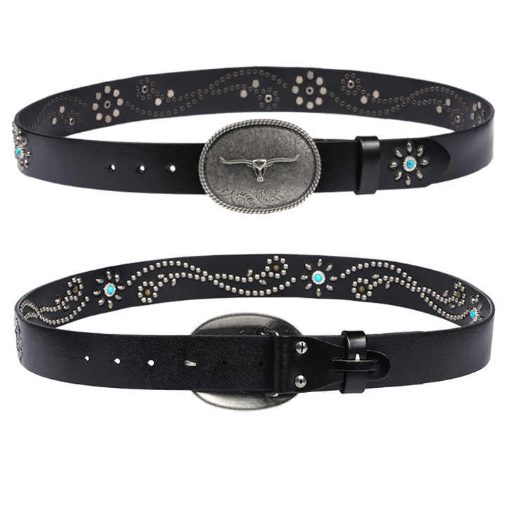 New Tread Punk Bull Buckle Genuine Leather Belt With LongHorn Bull Buckles Adjustable Cowhide Leather Belt for Western Cowboy - 图片 3