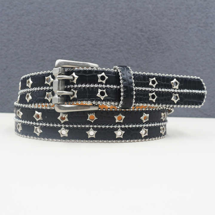 New Studded Double Eyelet Holes Belts Black Goth Punk Metal Jean Belt Hip Hop Style Double Grommet PU Leather Belt for Women Men - 图片 3