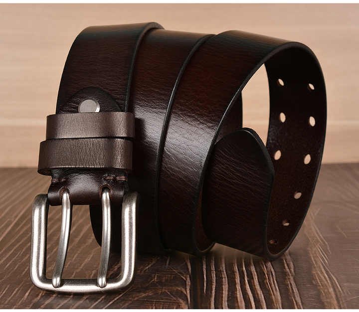 Casual 2 Holes Full Grain Leather Work Waist Belts 38mm Heavy Duty Double Prong Buckle Genuine Leather Belt for Men Jeans - 图片 5