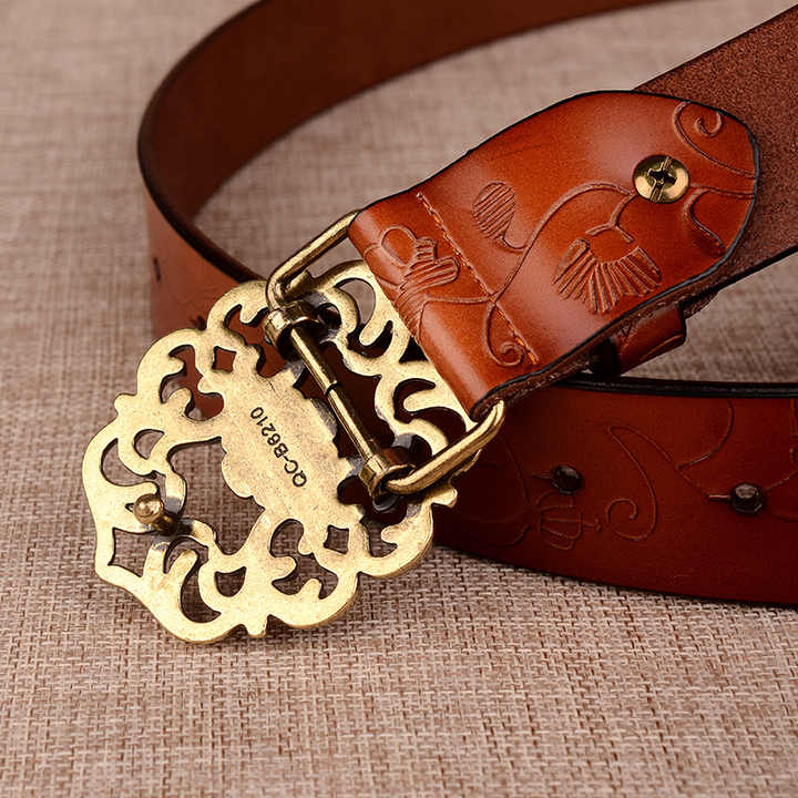 New Designer 100% Leather Belt With Hollow Flower Belt Buckle for Lady Carving Pattern Genuine Leather Vintage Waist Belt Women - 图片 3