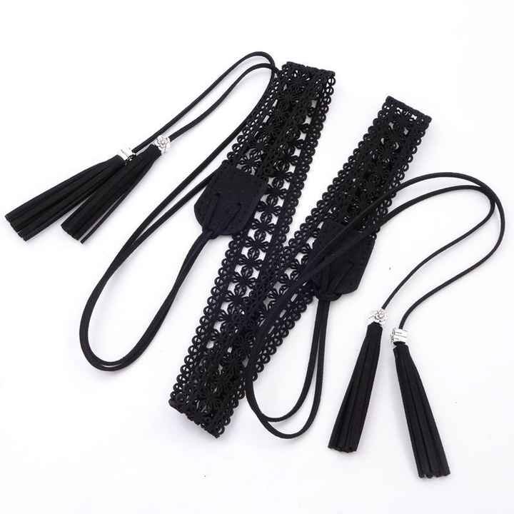 Fashion Bohemian Chain Wood Braided Knotted Tassel Waist Belt PU Leather Flower Hollow Rope Chain Belt for Girls Skirt Dress - 图片 6