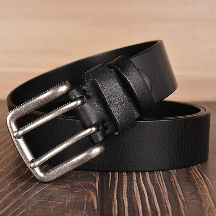 Casual 2 Holes Full Grain Leather Work Waist Belts 38mm Heavy Duty Double Prong Buckle Genuine Leather Belt for Men Jeans - 图片 2