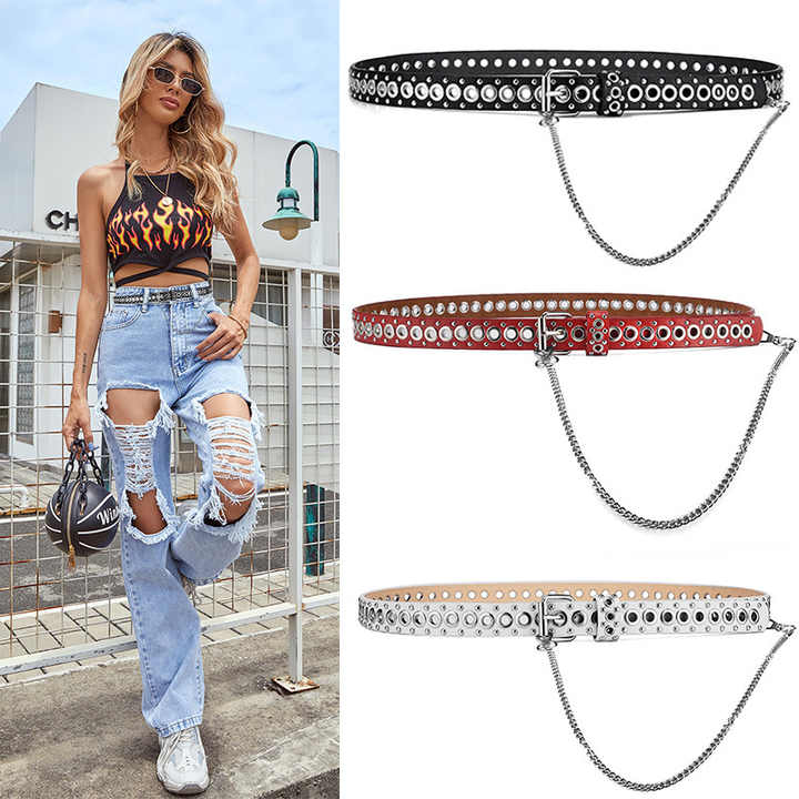 PU Leather Women Punk Rock Studded Belt for Jeans Dresses Hip Hop Style Faux Leather Grommet Waist Belt With Metal Chains - 图片 2
