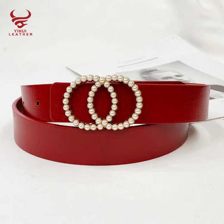 Fashion New Style Faux Leather Double O-Ring Buckle Belt for Women PU Leather Pearl Waist Belts for Lady Dress - 图片 5