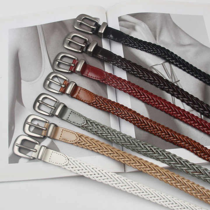 Manufacture Wholesale New Braided Cowhide Leather Belt for Dresses Jeans Pants 3 Pics Pin Buckle Woven Leather Belts for Women - 图片 2
