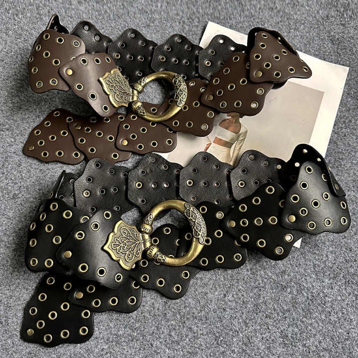 Metal Buckle Western Cowboy Hollow Disc Belt Vintage Soft PU Leather Waist Belt Wide Boho Disc Concho Leather Y2K Belt for Women